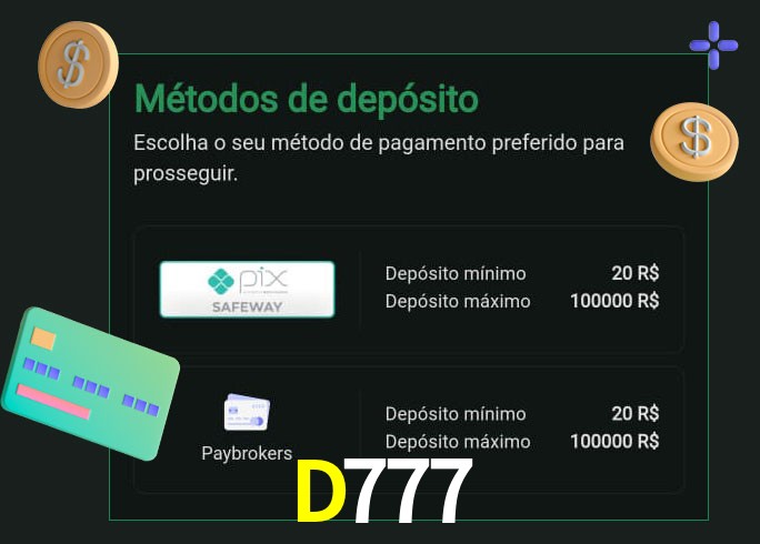 O cassino D777 oferece uma grande variedade de métodos de pagamento